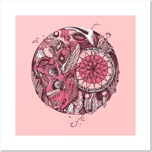 Pink and White Skull and Dreamcatcher Circle Posters and Art